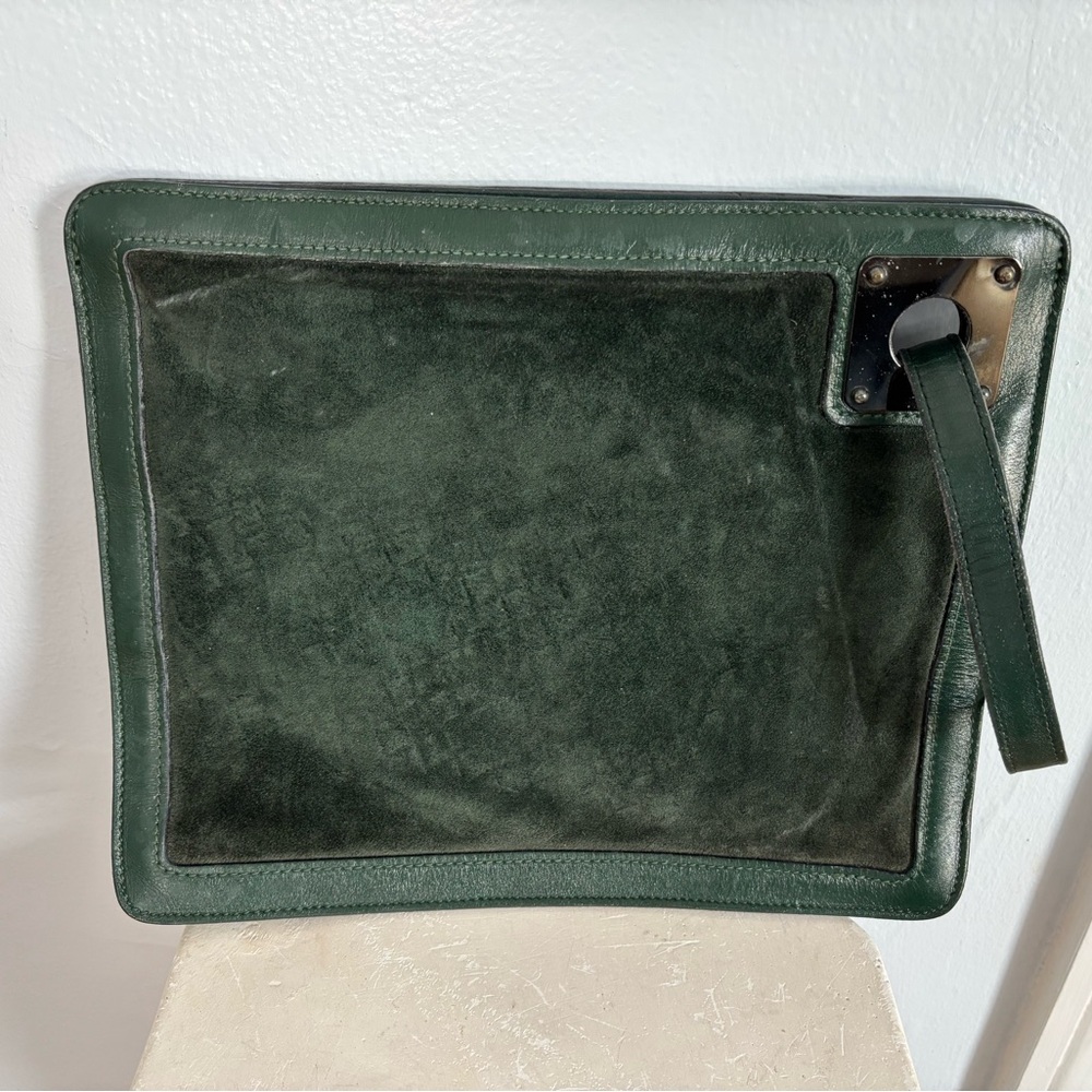 Vintage Hunter Green Suede Leather Anne Klein Slim Clutch Wristlet Purse